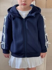 SHEIN 女童拉鍊長袖側邊蕾絲蝴蝶結休閒衛衣，可愛韓系深藍色校園上學款，適合秋冬冬季返校穿著 - 藏蓝色 - 查看 3