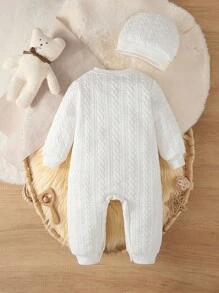 SHEIN 男婴纯色圆领长袖麻花针织连体衣，新生儿秋冬套装，针织男婴套装，新生儿婴儿套装，麻花针织连体衣，男婴服装，中性婴儿服装，男女通用天然婴儿服装，新生儿