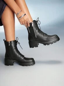 CUCCOO GRLICON Botas de plataforma con puntera redonda, decoración de hebilla plateada, cómodas y de estilo fashion, adecuadas para uso diario, fiestas, Halloween, Navidad - Negro - Ver 7
