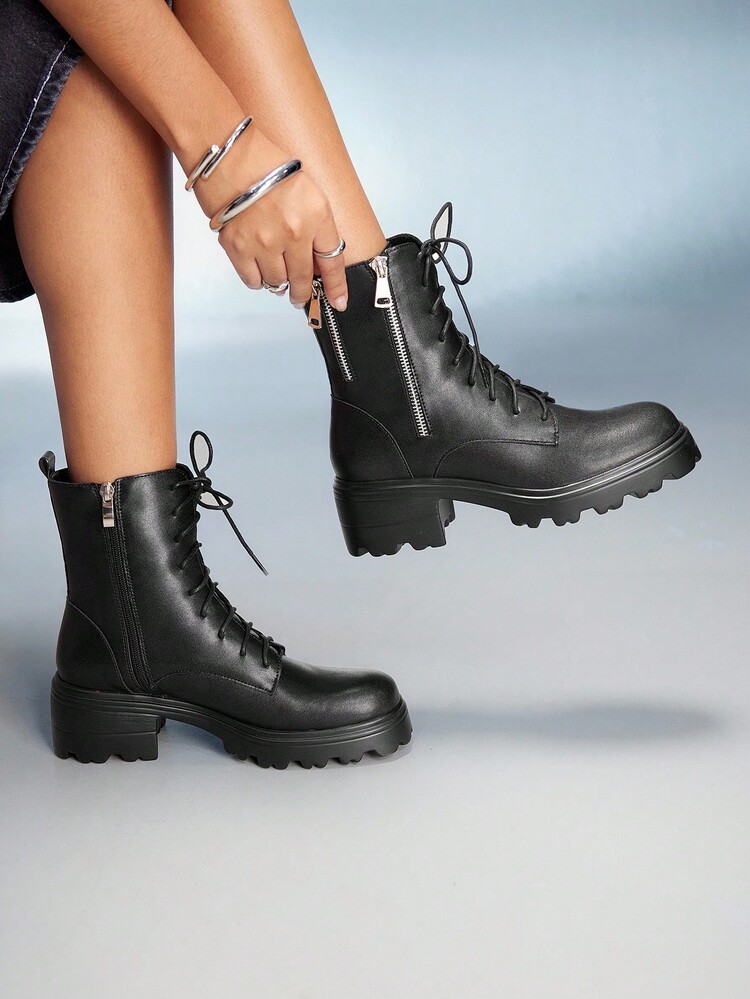 CUCCOO GRLICON Botas de plataforma con puntera redonda, decoración de hebilla plateada, cómodas y de estilo fashion, adecuadas para uso diario, fiestas, Halloween, Navidad - Negro - Añade 7