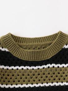 SHEIN Explorewe Suéter de cuello redondo con rayas gruesas para niños preadolescentes, verde militar, negro y blanco, adecuado para uso al aire libre, casual y en el hogar - Verde militar - Ver 6