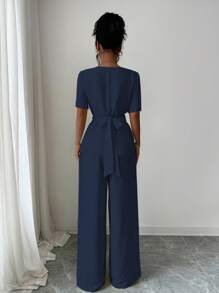 Elenzga Bộ 2 món áo cánh tay ngắn buộc dây cổ chữ V chéo kiểu Pháp màu kem vải lanh dành cho nữ ngày 4 tháng 7 và quần ống rộng cạp cao dáng rộng, thoải mái và tôn dáng, phong cách đồng quê Hàn Quốc mới - Màu xanh hải quân - Xem 2