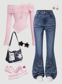 Tween Girl Denim Flare Jeans,High-Waisted Blue Flare Leg Pants With Embroidered Star Pattern,Casual Streetwear For School,Summer Campus Wear,Stretch - Dark Wash - View 3
