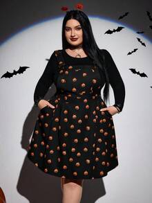 SHEIN CURVE+ Vestido casual con tirantes de mujer talla grande con estampado de calabaza y bolsillo, para otoño/invierno - Negro - Ver 5