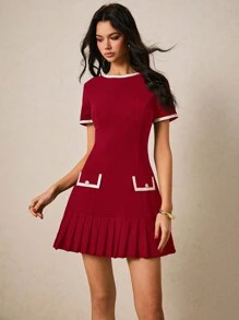 Poéselle 女士优雅纯色荷叶边下摆中长连衣裙，夏季 - 酒紅色 - 查看 2