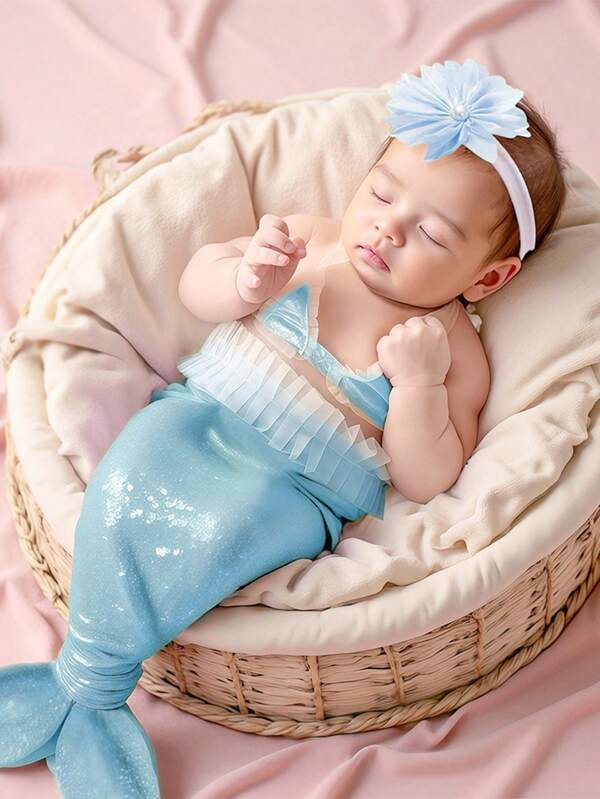 SHEIN Newborn Photography Props (Halter Top + Blue Fish Tail Skirt + Floral Headband)