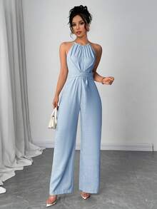 Firerie Bộ đồ liền thân không tay tối giản màu trơn dành cho nữ có dây thắt lưng sau lưng, mặc hàng ngày - Màu xanh nhạt - Xem 3