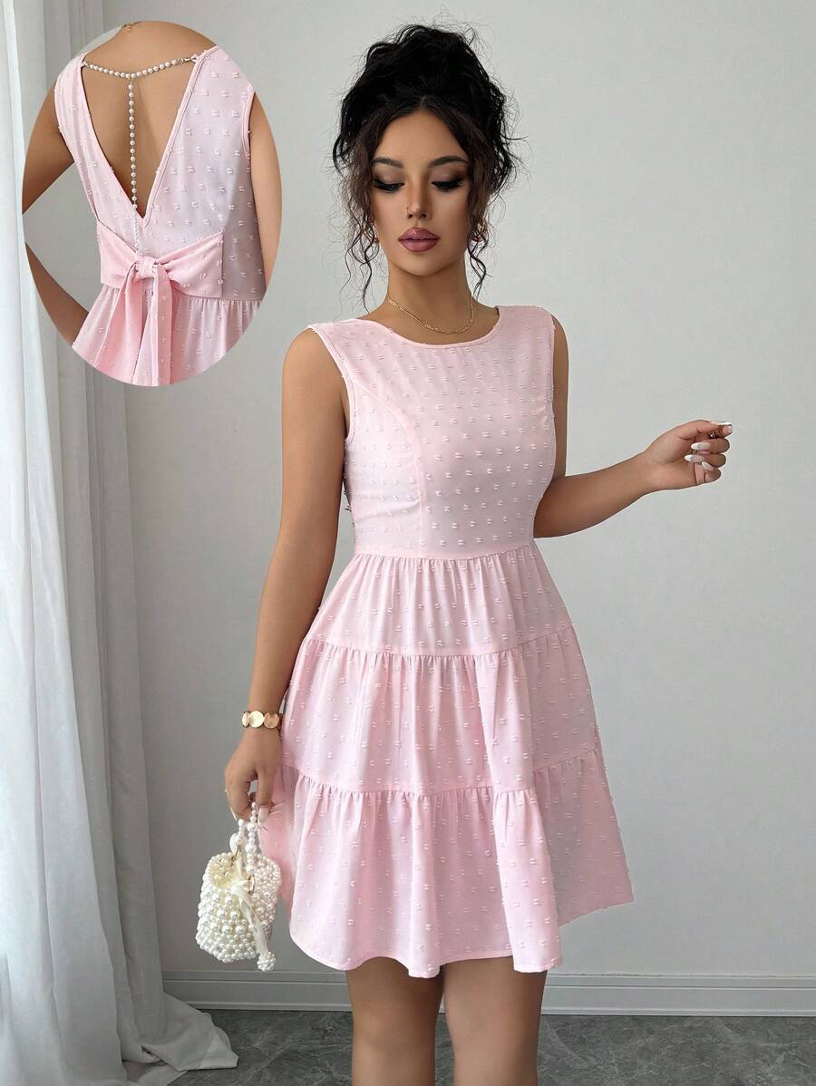 Elenzga Women's Solid Color Bowknot Decor Round Neck Sleeveless Fashion Dress - Pink - View 1