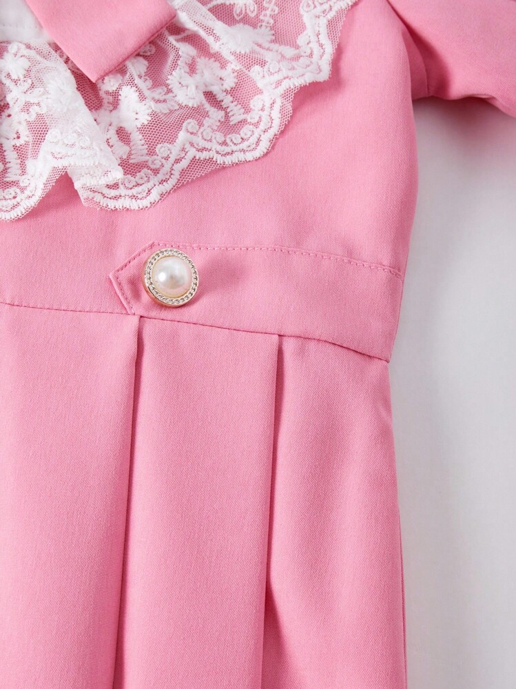 SHEIN 女童时尚百搭连衣裙，粉色蝴蝶结装饰，泡泡袖，蕾丝袖口，隐形后拉链，适合外出、上学、购物，可搭配夹克 - 西瓜粉 - 查看 6