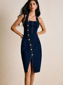 Poéselle 女式纯色前扣开衩挂脖牛仔连衣裙 - 深色水洗藍 - 查看 4