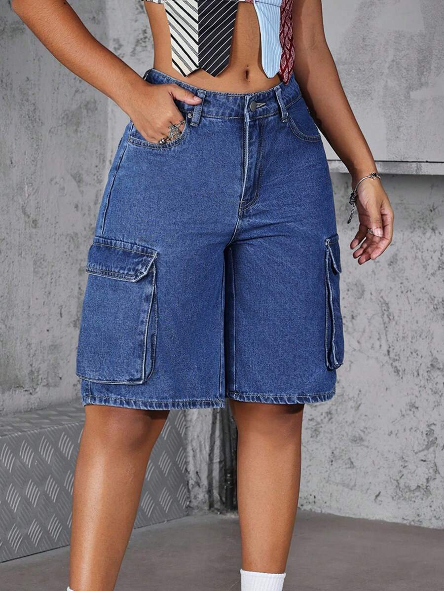 SHEIN Tall 女式宽松休闲工装口袋牛仔短裤 - 中等水洗藍 - 查看 1