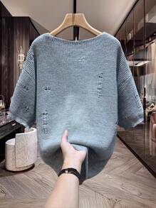 Manfinity Homme Men's Solid Color Distressed Crew Neck Casual Short Sleeve Knit Top, Summer - Light Grey - View 2