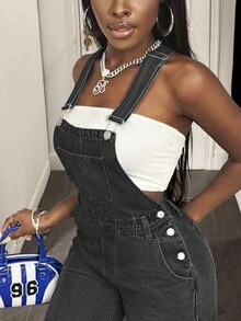 Slaydiva 女式宽松牛仔背带裤 - 黑色 - 查看 6