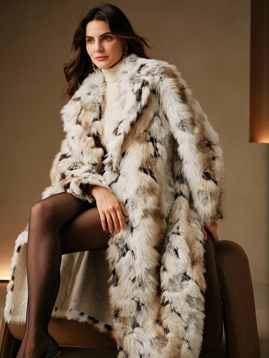 Anewsta Women's Fashion Long Sleeve Leopard Print Long Faux Fur Coat - Beige - View 1