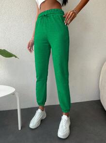 EURMUSE Women's Solid Color Drawstring Waist Pockets Jogger Pants - Green - View 3