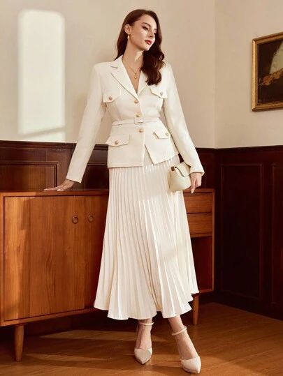 Vintamour 复古经典优雅女士西装套装春夏合身口袋翻盖西装外套腰带百褶裙长袖西装套装秋冬米色西装套装