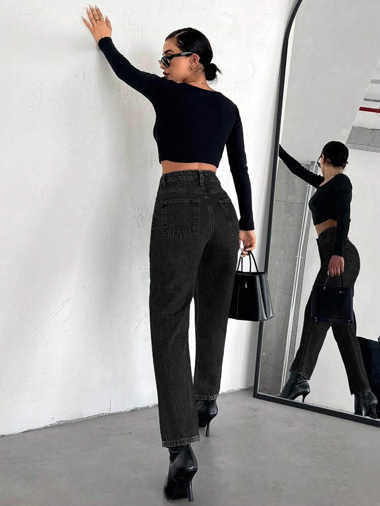 EURMUSE Women Solid Color Split Leg Jeans With Pockets - Black - View 2