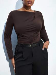 Maija Camiseta de manga larga de base de color café con cuello asimétrico para mujer de talla grande, blusa de punto para otoño, fiesta de Navidad, Acción de Gracias