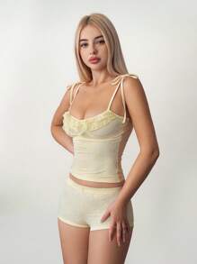 Sweetina 女式半透明淡黄色蕾丝吊带背心和短裤两件套 - Butter Yellow - 查看 5