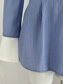 SHEIN Unity 女式撞色休闲长袖迷你连衣裙 - 藍白色 - 查看 4
