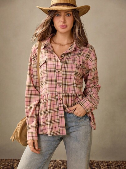 Wildy Casual American Country Style Pink Plaid Cardigan Long Sleeve Lightweight Women Jacket Plaid Shirts For Women Plaid Top Western Shirt For Women Plaid Button Up Pink Plaid Shirt Women Plaid Shirt Country Concert Western Wear Women Going Out In Fall/Winter