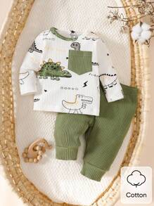 SHEIN 新生男宝宝白坑图案卡通恐龙图案印花拼接绿口袋长袖上衣配绿裤两件套可爱休闲运动时尚新款 - 彩色 - 查看 3