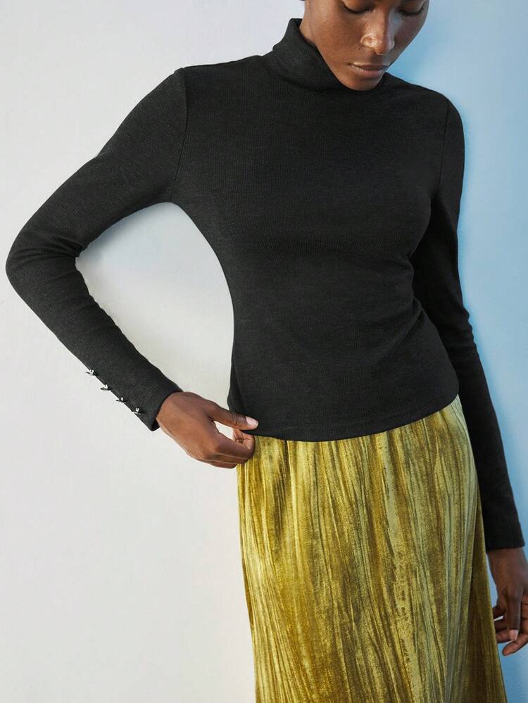 SHEIN Maija Black Wheat Texture Knit Long Sleeve Turtleneck Metal Button Decor Loose Urban Casual Blouse For Women White Mini Skirt White Skirt Asymmetrical Skirt Y2k Skirt White Faux Leather Skirt,Fall Women Clothes,Halloween,Fall Clothes For Women