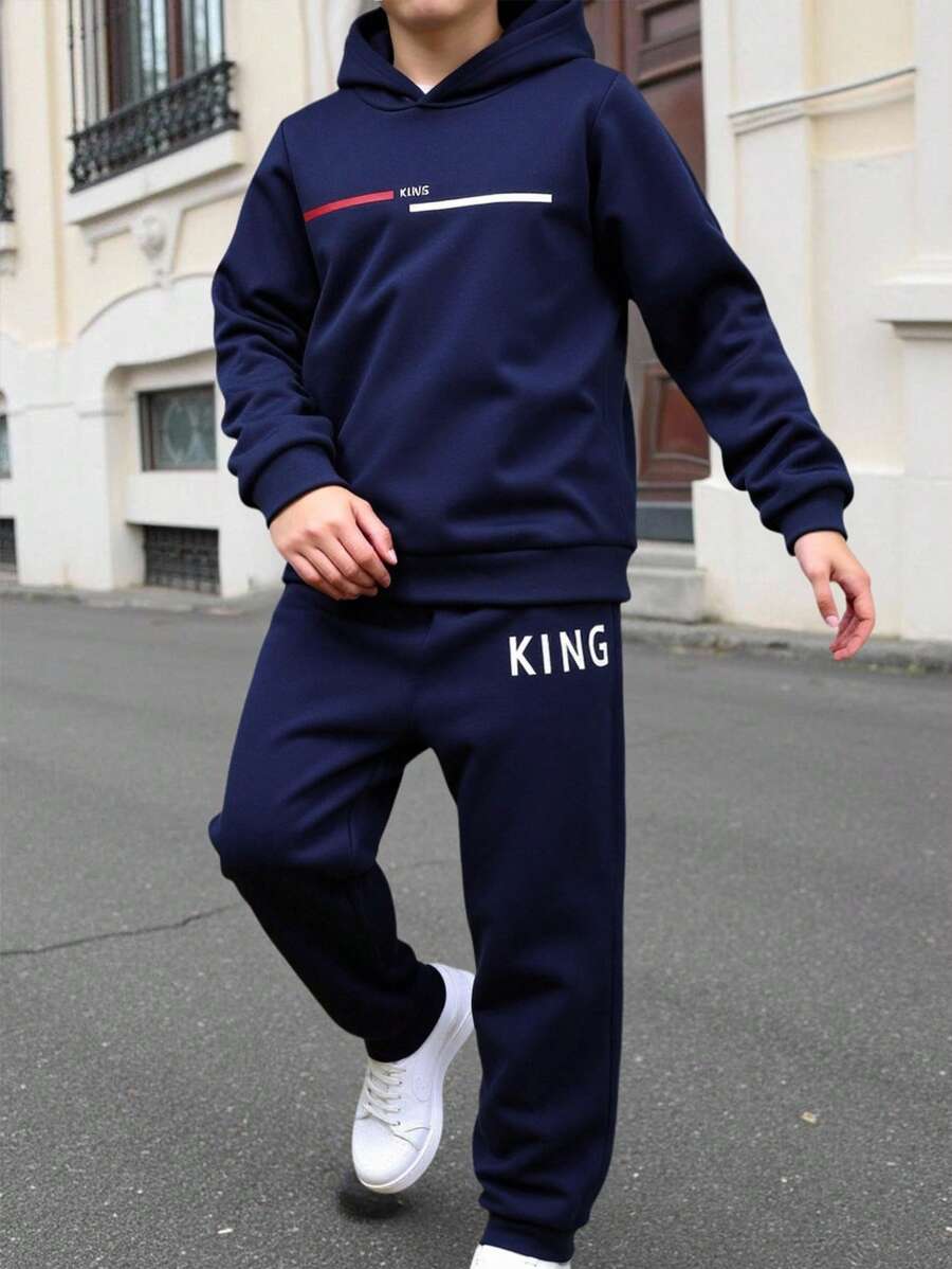 SHEIN 2pcs Set Tween Boy Casual College Style Dark Blue Paris Letter Graphic Hoodie And Dark Blue Drawstring Pants Suit, Suitable For Academy, Home, Daily Wear, Sports, Versatile And Simple, Hoodie And Sweatpants ,Setback To School Clothes Boy,School Clothes,Back To School Clothes Boys Sweatsuits Set Hoodie And Sweatpants Set Boys 2 Piece Outfit S Boys Tracksuit Fall Winter - Navy Blue - View 1