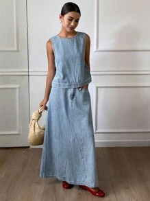 DAZY 西部牛仔女装做旧水洗圆领无袖上衣和 A 字开叉裙休闲牛仔两件套女装，春秋季 - 藍色 - 查看 3