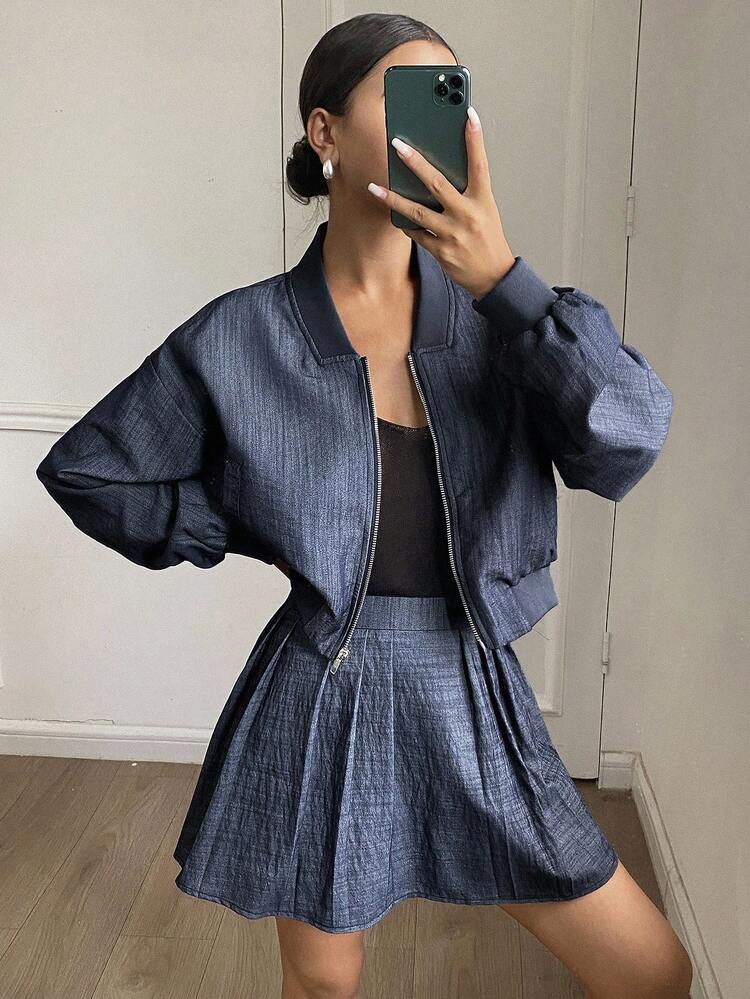 2pcs Women Casual Solid Color Loose Long Sleeve Jacket Coat And Pleated Skirt Set, Suitable For School, Holiday, Autumn/Winter