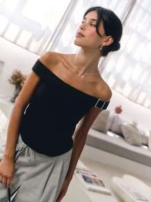 Nöista 露肩上衣，配有可调节金属扣肩带，正面有褶饰 - 藍色 - 查看 1