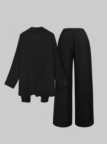 SHEIN LUNE 大码纯色裹身衬衫和长裤 2 件套，休闲度假