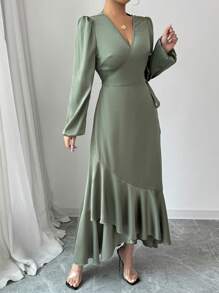 Elenzga 1 件优雅女式连衣裙，采用闪亮面料，交叉荷叶边侧系带细节，荷叶边下摆缎面连衣裙长款女装 - 綠色 - 查看 7