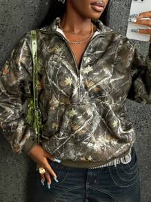 INAWLY 休闲宽松拉链立领植物图案女式卫衣，长袖上衣，适合毕业季、教师节、返校季等场合，秋季新款 - 軍綠色 - 查看 5