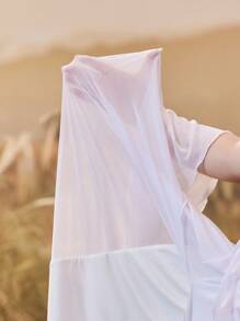 SHEIN 孕妇拍照连衣裙/优雅派对连衣裙/迎婴派对连衣裙，单肩飘逸腰部褶饰下摆侧开衩美人鱼长裙 - 白色 - 查看 6