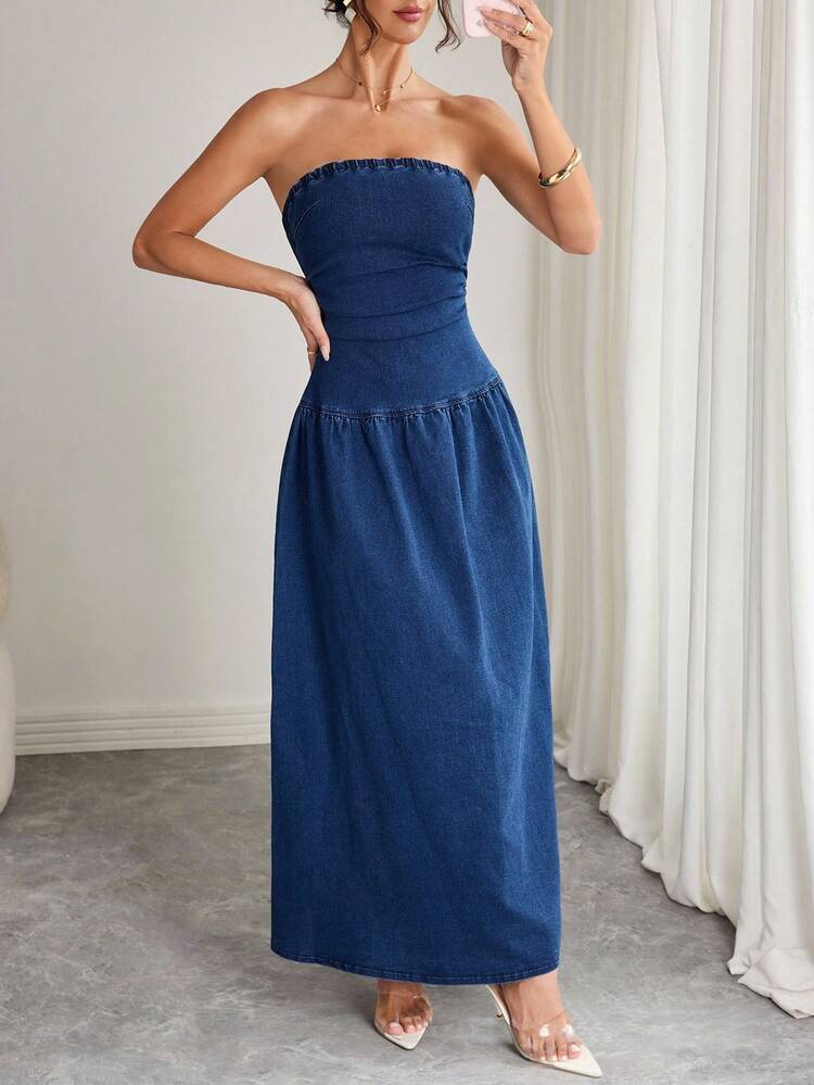 Elenzga 女式纯色露肩无袖牛仔连衣裙 - 藍色 - 查看 3
