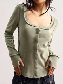 Bohemela Áo thun dệt trơn cổ điển dành cho nữ, phong cách Bohemian giản dị ngày độc lập, mùa thu - xanh quân đội - Xem 4