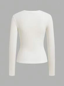 SHEIN EZwear 2 件女士休闲圆领修身长袖 T 恤套装，罗纹面料，百搭，适合秋冬季