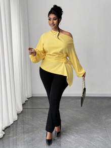 Maweii Áo kiểu nữ cỡ lớn thanh lịch với chi tiết xếp ly hình hoa hồng ở vai và vạt áo bất đối xứng, thiết kế đơn giản, phù hợp cho công sở, mùa xuân/thu/đông. - Màu vàng - Xem 5