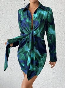 Breezaya 女士隨機印花簡約日常長袖連衣裙 - 綠色 - 查看 5