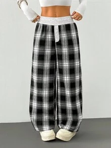 SHEIN PETITE 女款黑白格纹秋冬拉绒阔腿裤 - 黑與白 - 查看 6