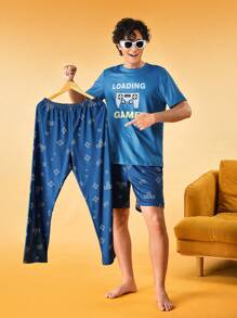 Notgurli 3pcs Men's Letter Print Short Sleeve Round Neck Top And All-Over Print Bottom Homewear Set - Royal Blue - View 5