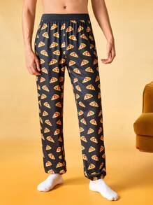 Mens Funny Cute Cartoon All Over Print Sleep Pants Long Loungewear Bottoms With Slight Stretch Fabric, Fall, Winter