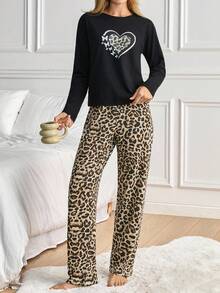 EURMUSE 心形豹纹长袖家居服套装（上衣和裤子） - 彩色 - 查看 5