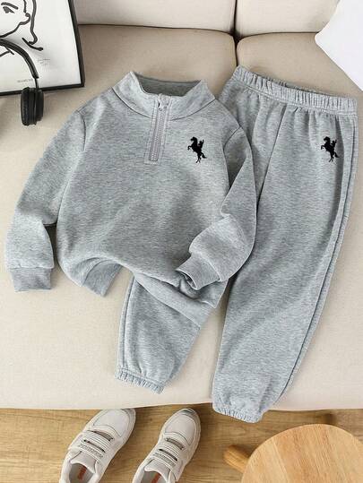 SHEIN Mirajuku 2pcs Young Boy Casual Minimalist Half-Zip Stand Collar Sweatshirt Elongated Sweatpants Set Daily Outfit For Autumn School Back-To-School Ring Bearer