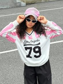 SHEIN Explorewe Streecool Tween Mädchen V-Ausschnitt rosa gestreifter Patchwork Langarm Sweatshirt mit Seitentasche und Cargohose 2-teiliges Set, modisch für Schule, Campusaktivitäten, Sport