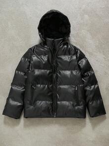 PAVTROS Manfinity Streetrush Men's Fashionable Versatile Solid Color Hooded Jacket, Winter Puffy Jacket Men Men Outerwear Bubble Coat Men Men Puffer Jacket Faux Leather Puffer Jacket Men Hooded Puffer Jacket , Fall