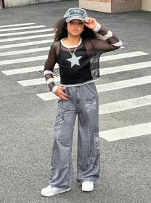SHEIN Explorewe Conjunto de Top Colorblock com Listras e Estrelas Vazadas, Regata de Cor Sólida, Calça Estampa Denim para Meninas Pré-Adolescentes - Preto - Visão 7