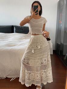 DAZY 2pcs Women's Summer Vacation Style Knit Vest And Skirt Set - Beige - View 3