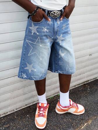 Anime Shorts in jeans casual e ampi con stampa a pentagono sulla tasca, da uomo